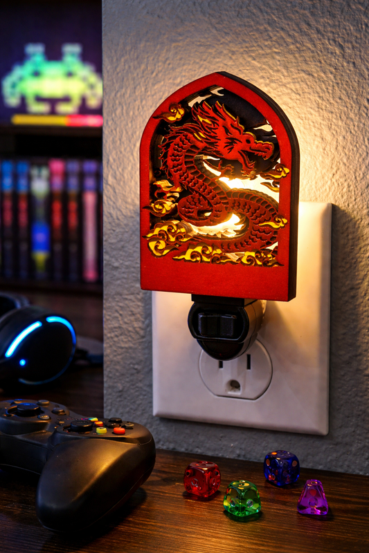 Red Dragon Wooden Night Light – 4” Tall Fantasy Wall Plug Cover