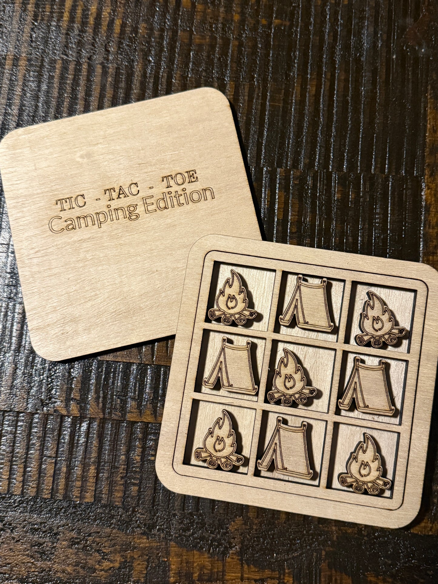 Camping-Themed 6x6 Wood Tic Tac Toe Game – Fun for the Campfire or Cabin!