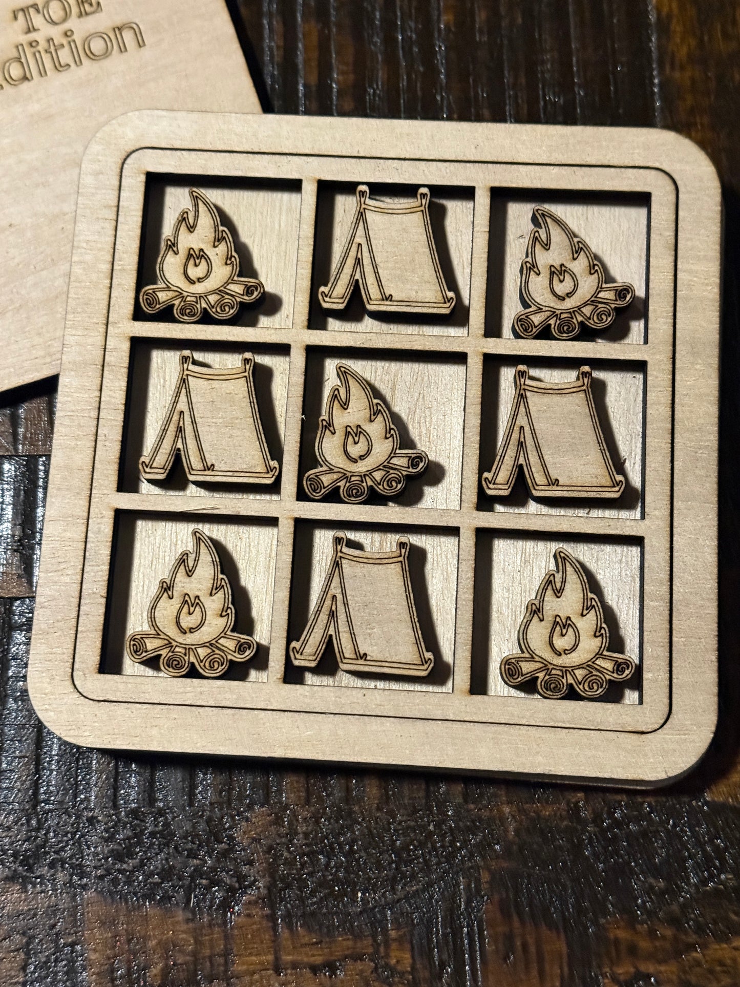 Camping-Themed 6x6 Wood Tic Tac Toe Game – Fun for the Campfire or Cabin!