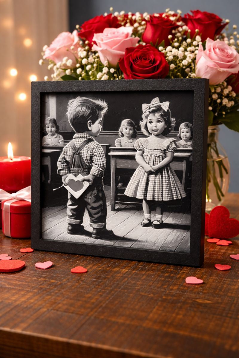 Vintage Valentine Classroom 3D Art – 8¾” Square Framed Print