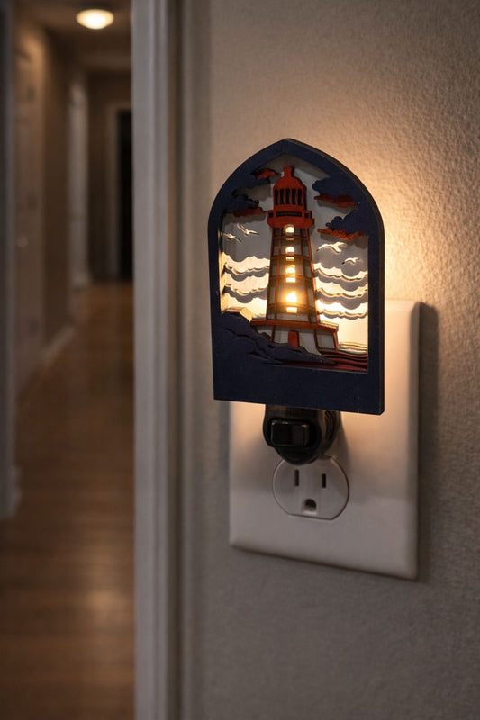 Lighthouse Night Light - Wooden Coastal Plug-In Light