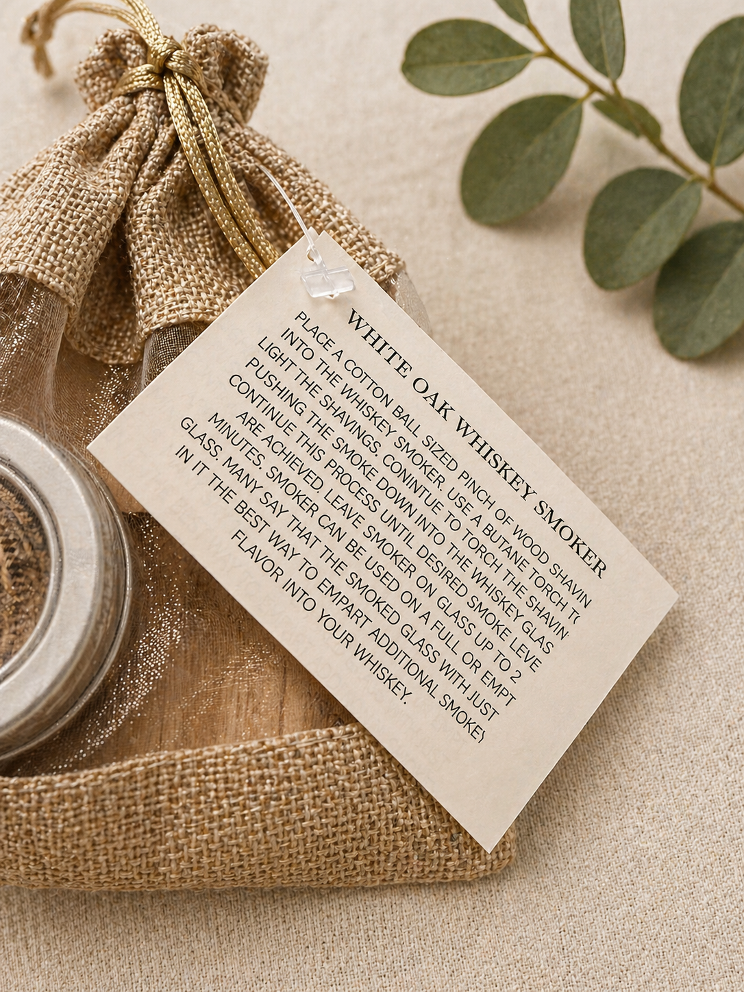White Oak Whiskey Smoker Kit – Handcrafted Cocktail Infuser with Wood Shavings & Burlap Gift Bag