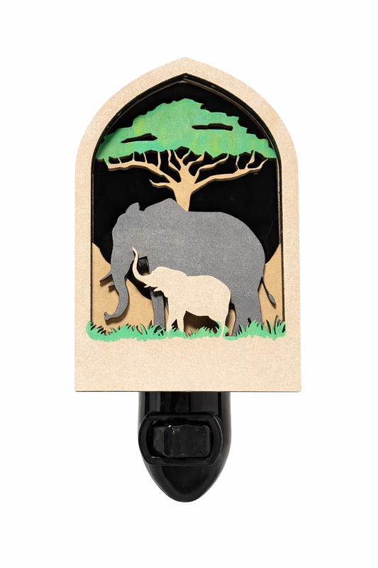 Elephant Family Safari Night Light – Wooden Cover, 4” Tall