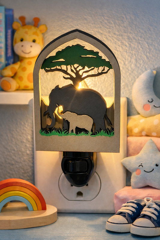 Elephant Family Safari Night Light – Wooden Cover, 4” Tall