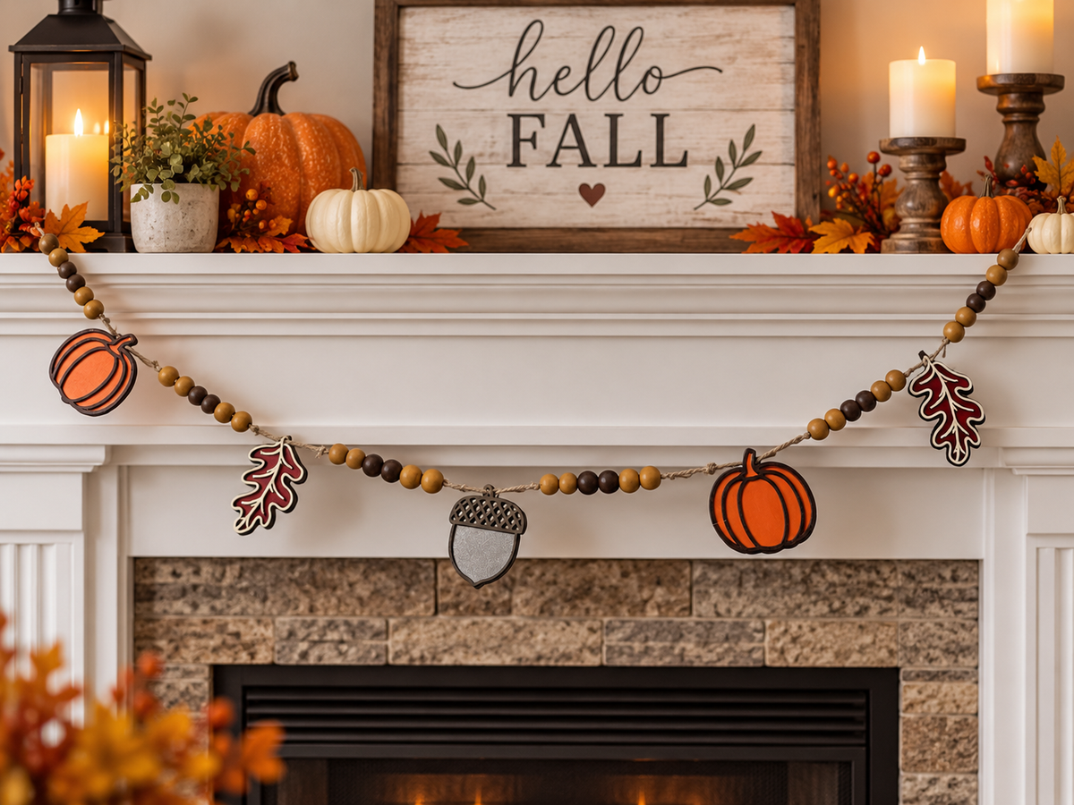 Harvest Pumpkin and Acorn Wood Bead Garland