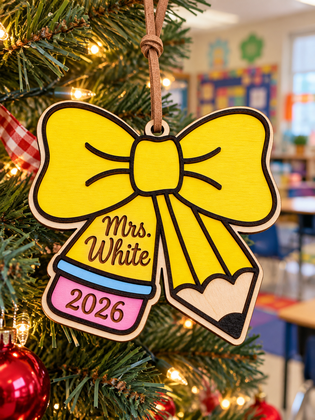 Pencil Bow Teacher Ornament