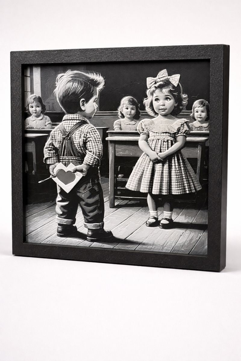 Vintage Valentine Classroom 3D Art – 8¾” Square Framed Print