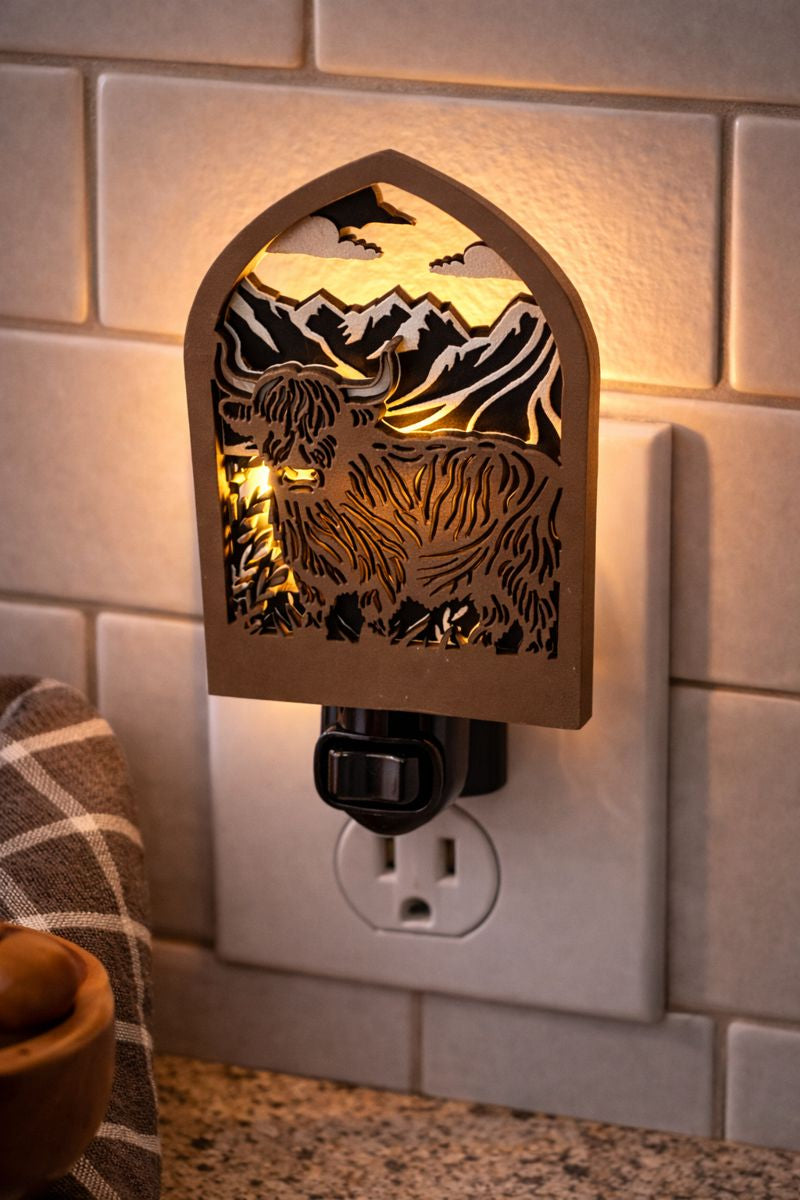 Highland Cow Wooden Night Light – Soft LED Glow