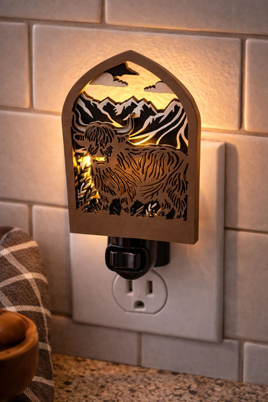 Highland Cow Wooden Night Light – Soft LED Glow