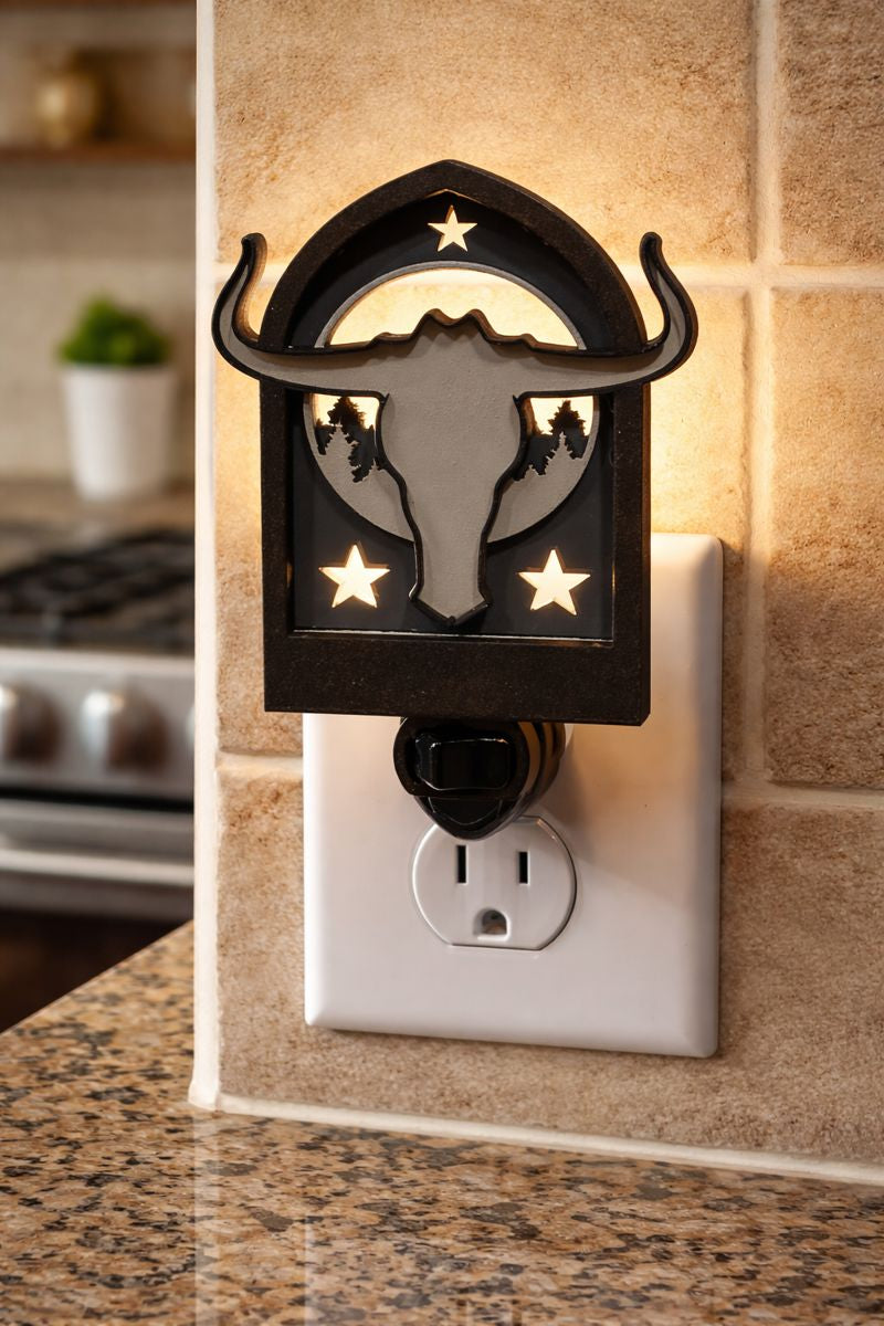 Rustic Longhorn Skull Wood Night Light