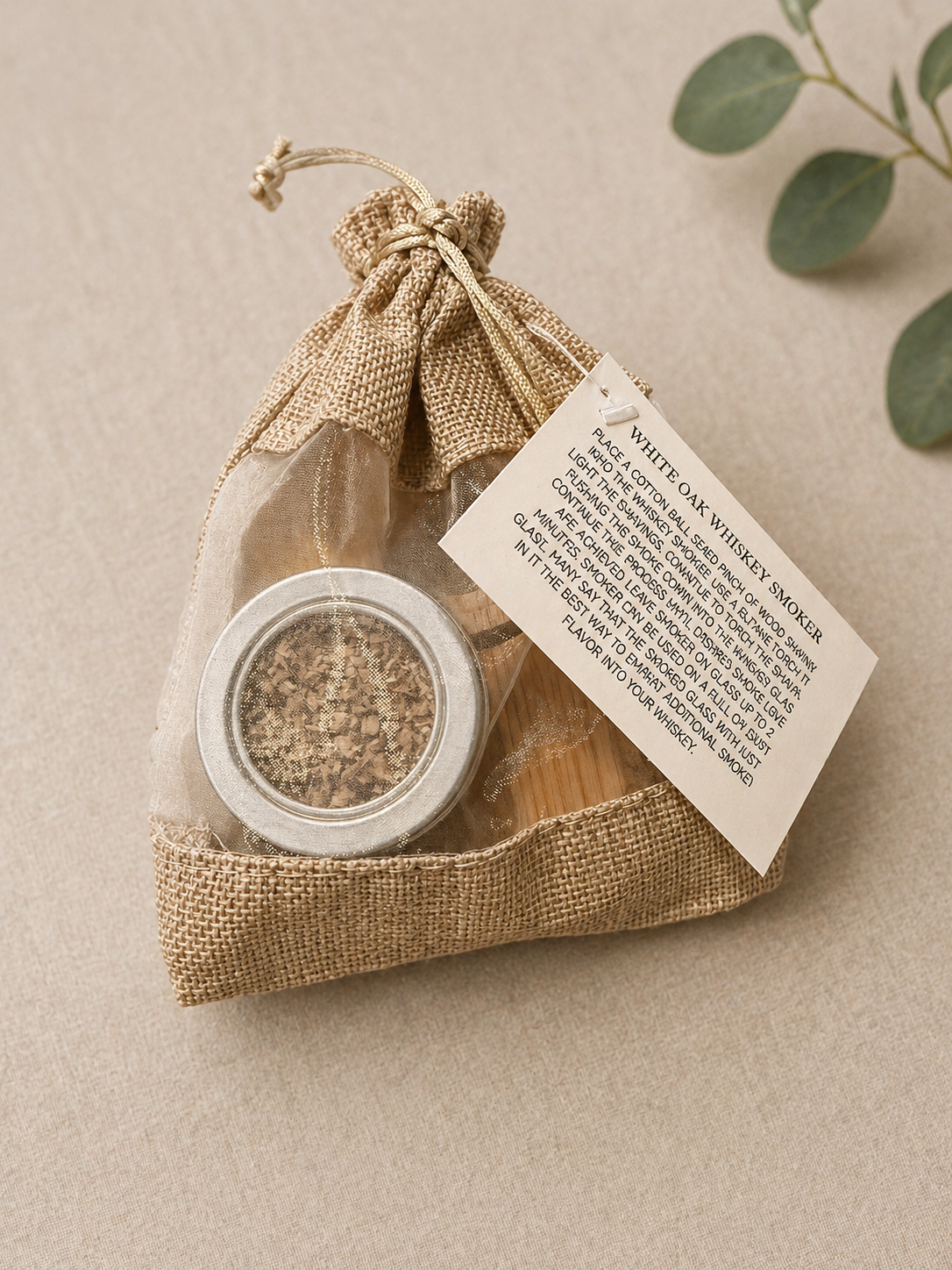 White Oak Whiskey Smoker Kit – Handcrafted Cocktail Infuser with Wood Shavings & Burlap Gift Bag